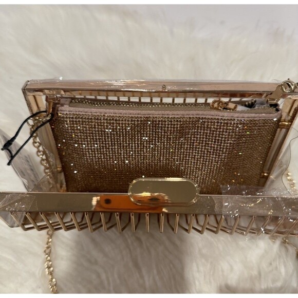 Zara Limited Edition Rhinestones Metallic Golden Cage Style Box Clutch Bag Chain - Picture 12 of 14